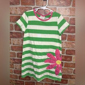 Mini Boden Green and White Striped dress with flower size 7-8